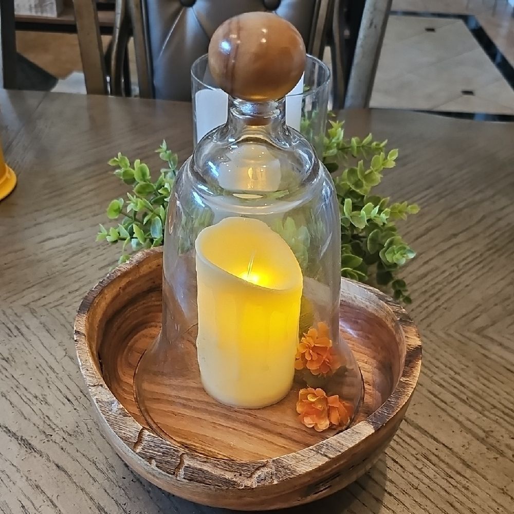 Rustic Glass Cloche with LED Candle and Wooden Tray Handmade